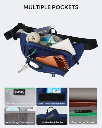WATERFLY Fanny Pack Waist Bag: 3L Waist Pack with Anti-Theft RFID Blocking, 9 Pockets & Adjustable Belt Water Resistant Hip Pack for Women Men Travel Hiking Running - color: Navy Blue