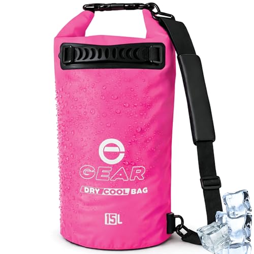 Enthusiast Gear Floating Cooler Bag Roll Top Insulated Dry Backpack – Leak Proof, Collapsible, Waterproof Cooler with Padded Shoulder Strap - Perfect for Kayaking Fishing Beach Hiking -15L - color: Pink
