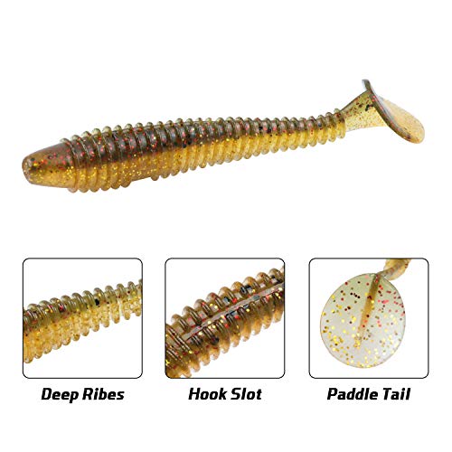 RUNCL Swimbaits Paddle 10/20/30/40PCS, 5/4/3/2 Inchs Paddle Tail, Soft Lure for Trout Crappie Bass, Durable Plastic Bait Swimmer for Saltwater/Freshwater, Fishing Lover's Gift - color: Brown Magic, size: 4in, 20pcs