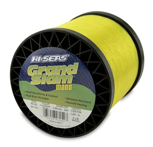 HI-SEAS Grand Slam Monofilament Fishing Line - Strong & Abrasion Resistant in Clear, Pink, Green, Smoke Blue, Fluorescent Yellow Freshwater & Saltwater - 2 lb Spool - color: Flourescent Yellow, style: 80 Lb Test, 0.90 Mm Dia, 1320 Yd