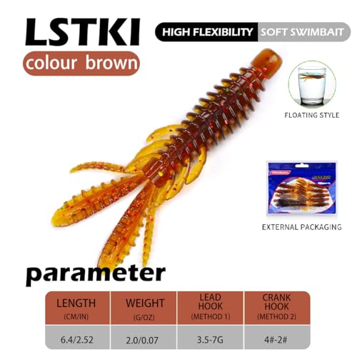 10 Pcs Soft Swimbait Lures, 6.4cm/2.5in Shrimp Shape Soft Plastic Fishing Lures Kit, Bass Fishing Lure Swim Baits with 5 Color, for Fishing Trout, Crappie, Bass, Redfish, Freshwater, Saltwater - color: Brown, size: 2.5 inch