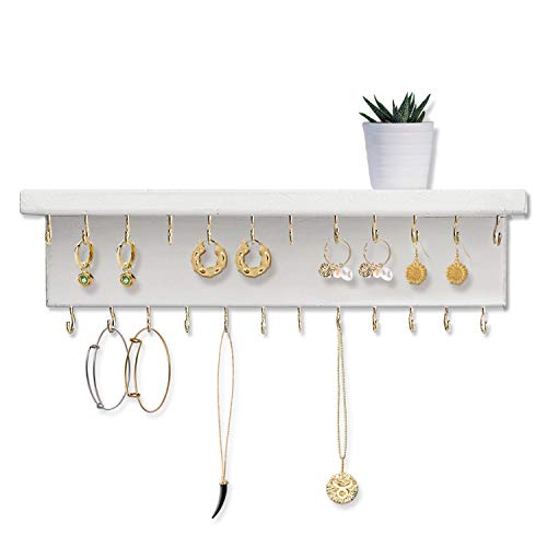 SANY DAYO HOME Jewelry Organizer with 30 Hooks and Cosmetics Shelf, 15 x 3 x 4 inches Wall Mounted Rustic Pine Wood Holder for Necklaces and Bracelets, Suitable for Kids and Adults (Retro White) - color: 30 Hooks Retro White