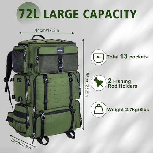 Goture Fishing Backpack with Cooler,72L Large 600D Tackle Backpack with Rod Holders,Dry & Wet Split Compartment,Adjustable Main Compartment,Rain Cover,Insulated Tactical Bag for Travel Camping Hiking - color: A1:Green(Only Bag,Without Tackle Box)