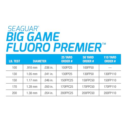 Seaguar Fluoro Premier Big Game Saltwater Fishing Line Shock Leader, 100% Fluorocarbon, Clear, Multiple Sizes - size: 130lbs/50yds