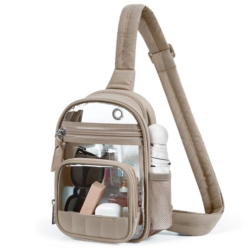 Missnine Clear Bag for Stadium Events Puffy Quilted Crossbody Purse PVC Sling Backpack for Sport Concert with Side Pocket - color: L-brown[quilted Design]