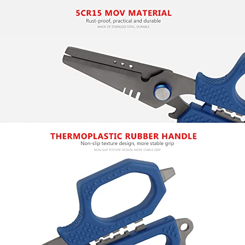 SAMSFX 6.5" Pro Fishing Shears Dual Serrated Blades, Fishing Braided Line Scissors with Titanium Coating, Non-Slip Grip & Multifunction Tool, Includes Hard Molded Locking Sheath & Coiled Lanyard - color: A: Blue Kraton Handle, Hard Sheath