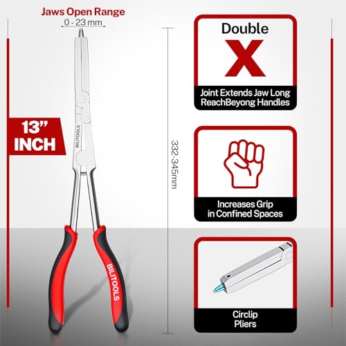BILITOOLS 13" Extra Long Reach External Snap Ring Pliers, Double Joint Circlip Pliers for Tight Spaces, Wide Jaw Opening with Minimal Handle Spread for Automotive Removal Tool