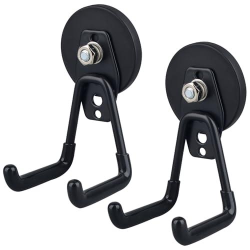 MUTUACTOR Heavy Duty Magnetic Hook,2PCS Anti-Slip Storage Magnet Hooks for Organizer, Magnetic Mount Garage Double Utility Hooks Hanging Impact Drivers Garden Hoses Hardware Box - style: 2.6in Magnet M Black Hooks 2PCS