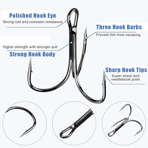Fishing Treble Hooks Triple Fishing Hooks High Carbon Steel Barbed Sharp Round Bend Treble Hooks Replacement for Hard Lures Bait - color: Black, size: 10#-50pcs