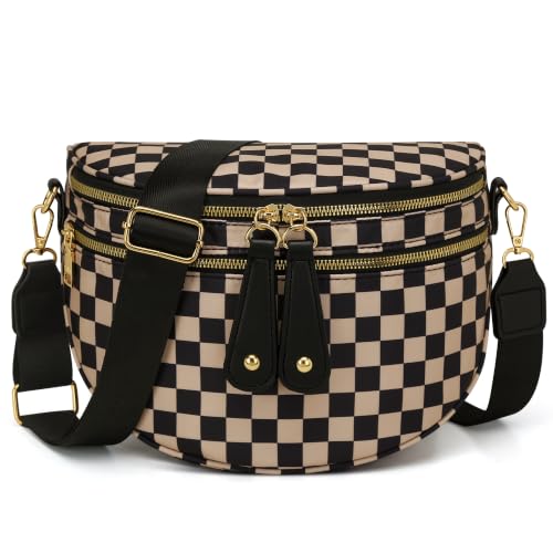 KKXIU Crossbody Sling Bag for Women Trendy Fanny Pack Vegan Leather Chest Bag | Trendy - color: Large-Khaki Checkered