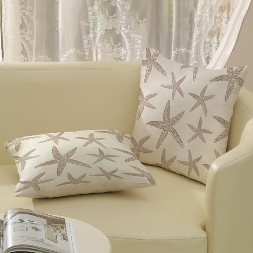 Brown Starfish Pillow Covers 18x18 Set of 2 Coastal Throw Pillows Spring Summer Nautical Ocean Theme Beach Decorative Pillow Cases Farmhouse Outdoor Decor Linen Cushion Case for Couch Sofa - color: Brown Starfish 2, size: 18" x 18" (Pack of 2)