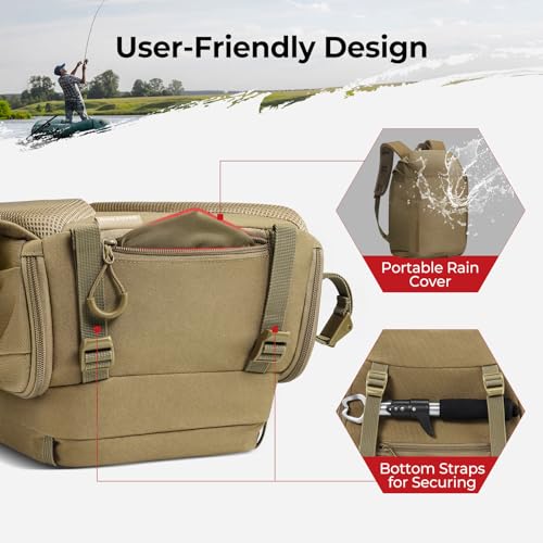 Piscifun Fishing Tackle Backpack with Rod & Gear Holder, Lightweight Outdoor Water-Resistant Fishing Shoulder Storage Bag with Protective Rain Cover, Khaki - color: Khaki, size: Large
