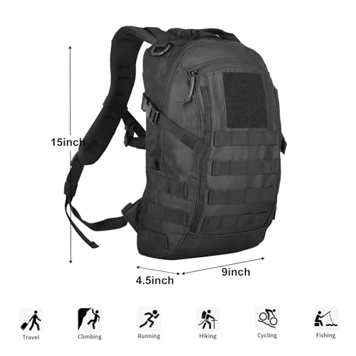 Small Tactical Hiking Backpack, 12L MOLLE Bookbag Daypack for Travel | MOLLE webbing expands carry options;compact,lightweight design fits hiking,school,camping,travel and daily use - color: Black
