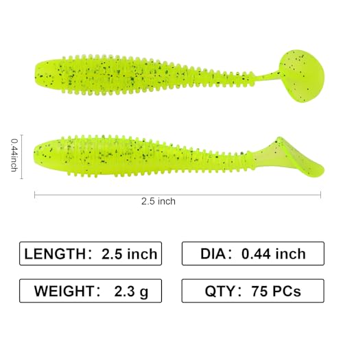 Paddle Tail Swimbaits, 2.5 inch/3inch Soft Lures Fishing Trout Crappie Bass for Freshwater and Saltwater 75PCS/60PCS - color: Chartreuse Translucent, size: 3 inch, 60 PCs