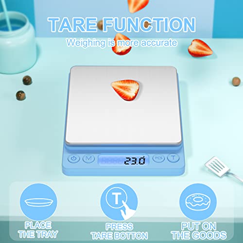 Digital Food Scale for Food Ounces and Grams，YONCON 3000g/0.1g Accuracy Multifunctional Kitchen Scale for Cooking, Baking | Small Size for Easy Storage | 2 Trays，Tare Function - color: Blue
