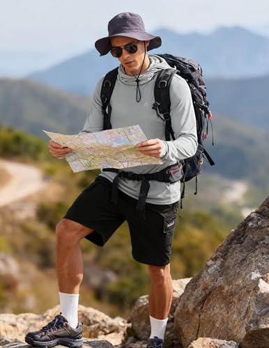 PINSPARK UPF 50+ Sun Protection Hoodie Men with Mask Quick Dry Long Sleeve Fishing Hiking Shirts UV Rash Guard Lightweight - color: Light Grey, size: Large