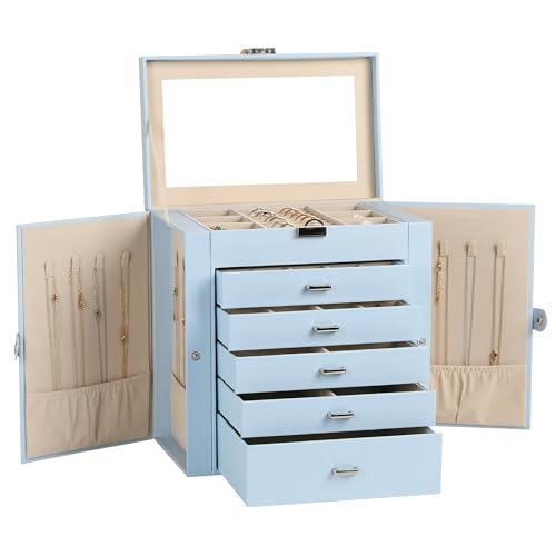 Frebeauty Large Jewelry Box,6-Tier PU Leather Jewelry Organizer,Multi-functional Storage Case with Mirror,Accessories Holder with 5 Drawers for Necklace Bracelets Watches(Sky Blue) - color: Sky Blue, size: Large