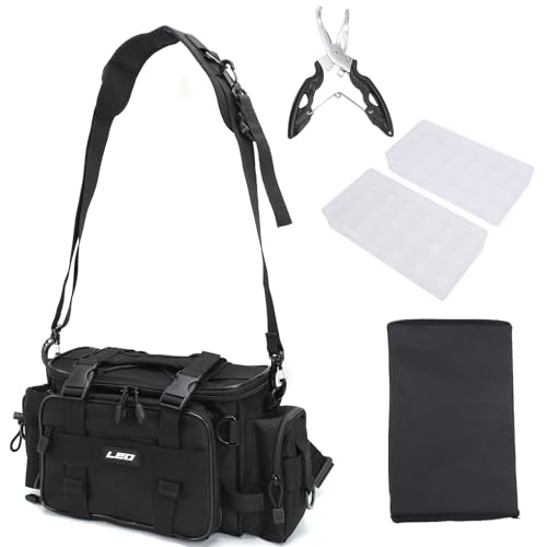 Fishing Tackle Bag with 2 Storage Boxes - watertight Shoulder Bag with Adjustable Straps, 23-Tray Organizer for Lures, Hooks & Fishing Gear Accessories (Black) - color: Black