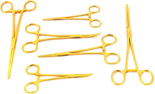 Premium Quality Ultimate Set of 6 Pcs Straight & Curved Hemostat Forceps Locking Clamps Stainless Steel Serrated Jaws for Better Grip-Ideal for Nurses, Fishing + More (Gold Color) - color: Gold Color