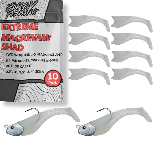 Mackinaw Shad Pre Rigged Swimbait, Paddle Tail Swim Baits, Ready to Fish Soft Plastic Swimbaits, Swim Baits for Bass Fishing, Saltwater Fishing Lures and Freshwater Fishing Lures - color: Ice White