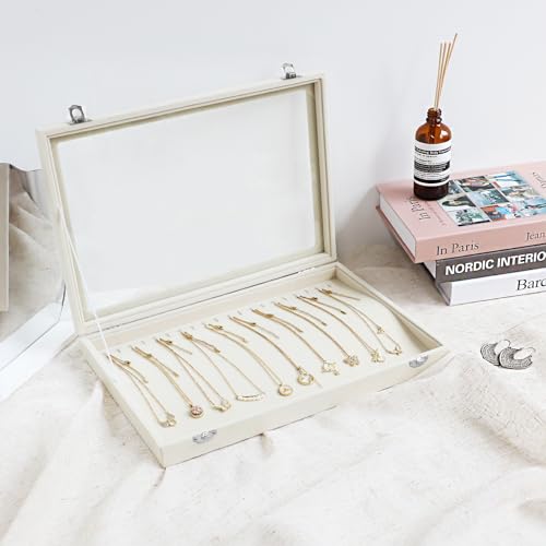 Wudygirl Necklace Organizer with Clear Glass Lid Stackable Jewelry Organizer Tray with 20 Hooks for Necklace Bracelet(Beige Necklace Box) - color: Beige, size: Necklace