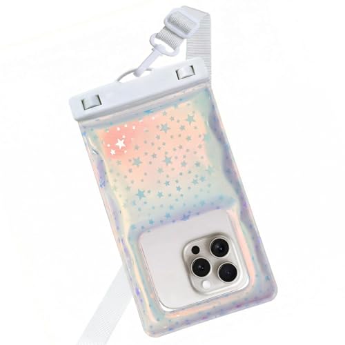 Floatable Waterproof Phone Pouch/Case with Crossbody Lanyard for iPhone 17 16 Pro Max/15/14, IP68 Cellphone Dry Bag Beach Cruise Ship Essentials, 1 Pc-Iridescent Star Style-7″ - color: A7-Iridescent star style