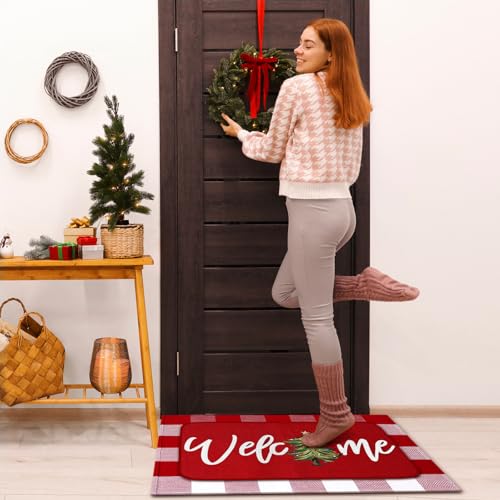Tinideya 2 Pcs Christmas Doormats Xmas Tree Welcome Outdoor Door Mats Red and White Layered Front Door Rugs Non Slip Floor Mats for Holiday Porch Entryway Xmas Holiday Seasonal Decor - size: 16 x 28 Inch,24 x 35 Inch, style: Xmas Tree
