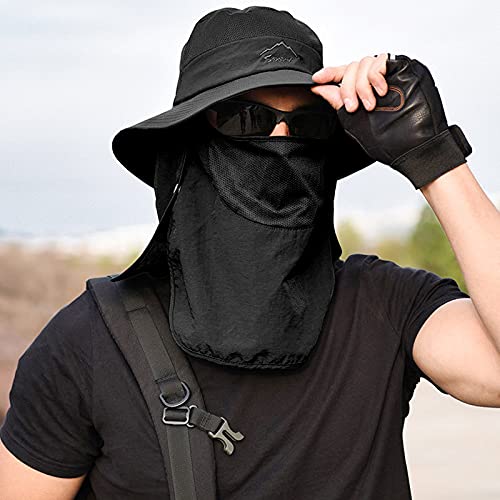 Fishing Hat for Men & Women, Outdoor UV Sun Protection Wide Brim Hat with Face Cover & Neck Flap - color: Black