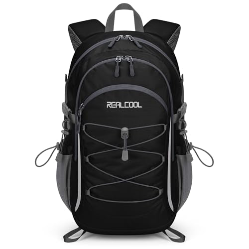 RealCool 30L Lightweight Hiking Backpack, Waterproof Daypack for Camping | 210D tear-resistant nylon, breathable shoulder and back panel, Multi-Compartment,hydration system,reflective strip,bungee net - color: Black, size: 30L