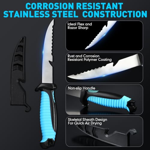 RoundFunny 14 Pcs Fishing Tool Kit, Fillet Knife, Fishing Pliers with Lanyard, Digital Scale, Lip Gripper, Hook Remover Fish Scaler Braid Scissors Gloves Sharpening Rod Retractor Towel Bag - color: Blue, style: A