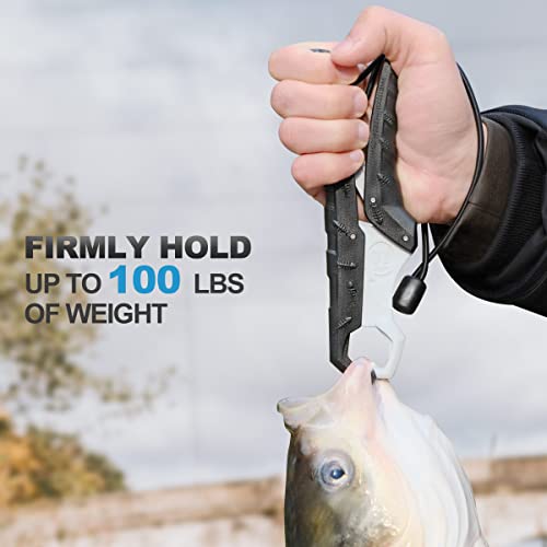 SNAIL TRAIL 7.5''/9'' Floating Fish Gripper, Fishing Grabber, Catfish Mouth Pliers, Caught Bass Holder, Digital Scale Hook Clamp, Saltwater Lip Grip Tool with Lanyard, Gifts for Men, Black-White - color: Black-white, size: 7.5"
