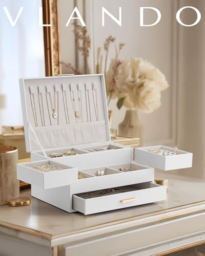 VLANDO 3 Layer Jewelry Box - Women Jewelry Box with Retractable Tray - Jewelry Organizers with Drawer for Necklaces, Rings, Bracelets, Earrings, Gift for Couples Mom Girls - White - color: D.White, size: 3-Layer