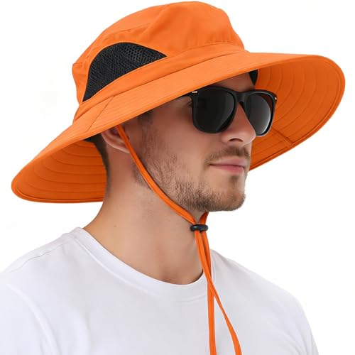 Wide Brim Sun Bucket Hat, Waterproof Boonie Hat for Men & Women | UPF 50+ UV Protection, Adjustable Fit, Chin Strap & Sweatband, Foldable Durable for Fishing Hiking Garden Beach - color: 01 Orange