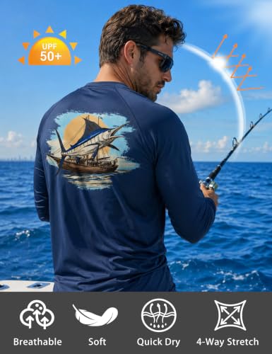 Men's UPF 50+ Sun Fishing Shirt, Long Sleeve UV Protection Tee, Quick Dry Rash Guard for Outdoor Swim Hiking - color: Cobalt Blue (Retro Marlin), size: Small