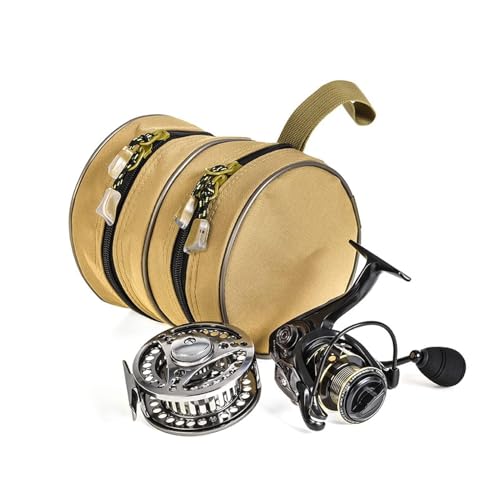 HERCHR Fishing Reel Case, Double Layer Canvas Fishing Tackle Organizer Storage Travel Bag, Portable Fish Accessories Pouch with Strap for Spinning Baitcasting Fly Reels