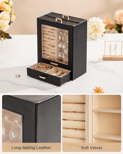 Homde Jewelry Organizer Box for Women Girls Necklaces Rings Earrings Bracelets Storage Case (Black + Gold) - color: Black + Gold