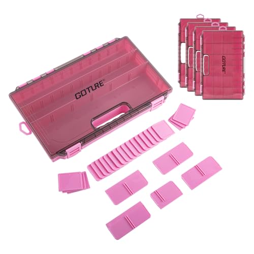 Goture Fishing Tackle Box Organizer - Transparent Fishing Organizer Box w/Measurement Ruler, Adjustable Dividers, Dual Latches | 4 Pcs 3600 Tackle Tray| Ergonomic Grip - color: C - Pink/Handle, size: 4pcs 3700
