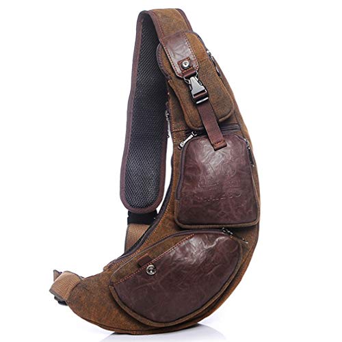 Hebetag Leather Sling Bag Crossbody Backpack for Men Women Travel Outdoor Camping - color: #38coffee(canvas)