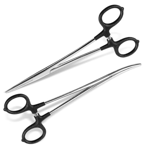 2 Pcs 7 Inch Fishing Forceps Set Fishing Hemostat Pliers with Grip Curved and Straight Hemostats Set Stainless Steel Locking Clamps Hook Remover Tools