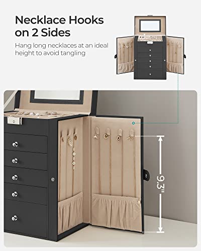 SONGMICS 6-Layer Jewelry Box Organizer with 5 Drawers, Jewelry Storage Case with Lock and Mirror, Large Storage Capacity, Gift for Loved Ones, for Necklaces, Watches, Black UJBC152B01 - color: Black, size: 6 Tier