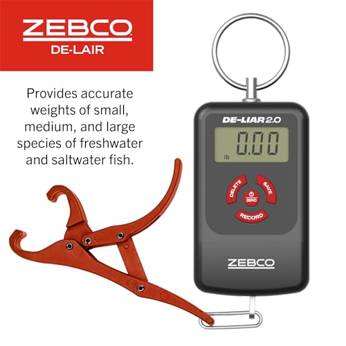 Zebco De-Liar 2.0 Digital Fish Scale, 50-Pounds/23-Kilograms Capacity, Compact Design, Durable Construction, Non-Puncturing Clamp-Style Lip Grip, Black/Red