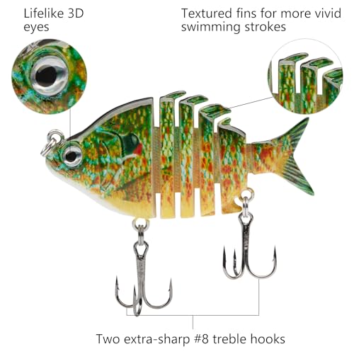 Bassdash SwimPanfish 2.5”/0.34oz Hard Bluegill Swimbaits Multi Jointed Topwater Trout Bass Fishing Crank Lure,Pack of 4 - color: BGSP