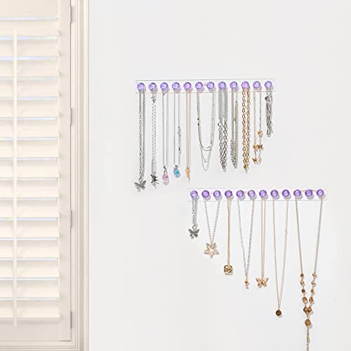 Acrylic Necklaces Holder Wall Mounted Necklace Hangers Hanging Jewelry Organizer with 12 Hooks, Clear Jewelry Hangers for Necklace Organizer for Girls Women, Necklace Hooks for Wall (Purple, 2 Pack) - color: Purple – 2Pack