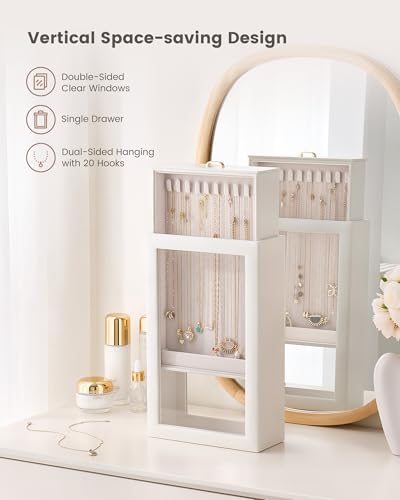 Lolalet Upgraded Double-Sided Hanging Necklace Organizer Box, Jewelry Display Case with Double-Sided Clear Window for Necklaces Bracelets, Tangle-Free Necklace Storage Box, White, 1-Layer 20 Hooks - color: White, size: 1-Layer, 20 Hooks