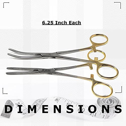 Rochester Carmalt Hemostatic Forceps Straight + Curved with Cross Serrated Jaws and Longitudinal Grooves - Premium Stainless Steel - Self Locking Artery Hemostats 6.25 Inch- Gold Handle Set of 2