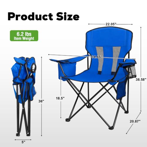 Romswi Portable Camping Chairs for Adult, Folding Outdoor Chairs with 4-Can Cooler Bag, Folding Chair with Mesh Back for Outdoor, Fishing, Garden, 2-Pack, Blue - color: Blue, style: Large