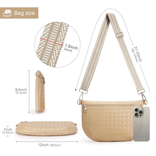 KALIDI Woven Crossbody Bags for Women Travel Vegan Leather Fanny Packs for Woman Cross Body Purse Fashion Belt Bum Bag with Wide Strap - color: Light Khaki