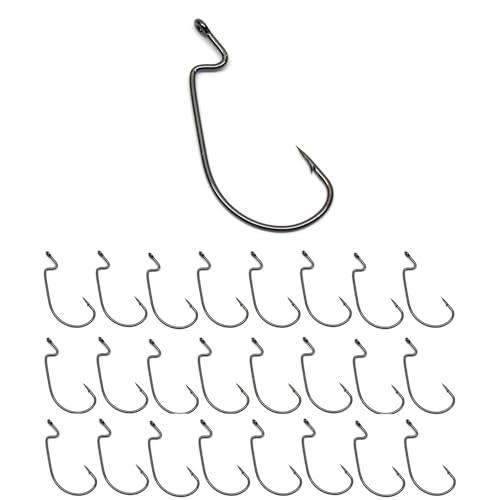Reaction Tackle Offset EWG Worm Hooks - Super Strong Wide Gap Texas Rig Hooks for Soft Plastic Baits - High Carbon Steel Bass Fishing Hooks (25-Pack) - size: #5/0