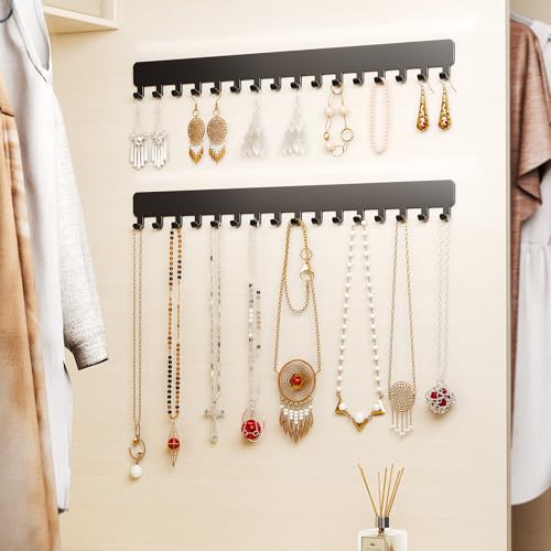 Bussdis Necklace Holder - Extended Hanging Jewelry Organizer, Self-Adhesive, Wall Mount, 2 Pack, Black - color: Black, size: 13.19 inch