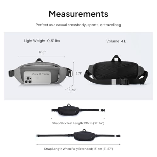 TOPEAST 4L Fanny Pack with Hidden Water Bottle Pocket, Water Resistant Nylon Waist Bag, Lightweight Crossbody Sling Bag for Men & Women, Large Capacity for Travel, Running, Walking & Cycling - color: GREY